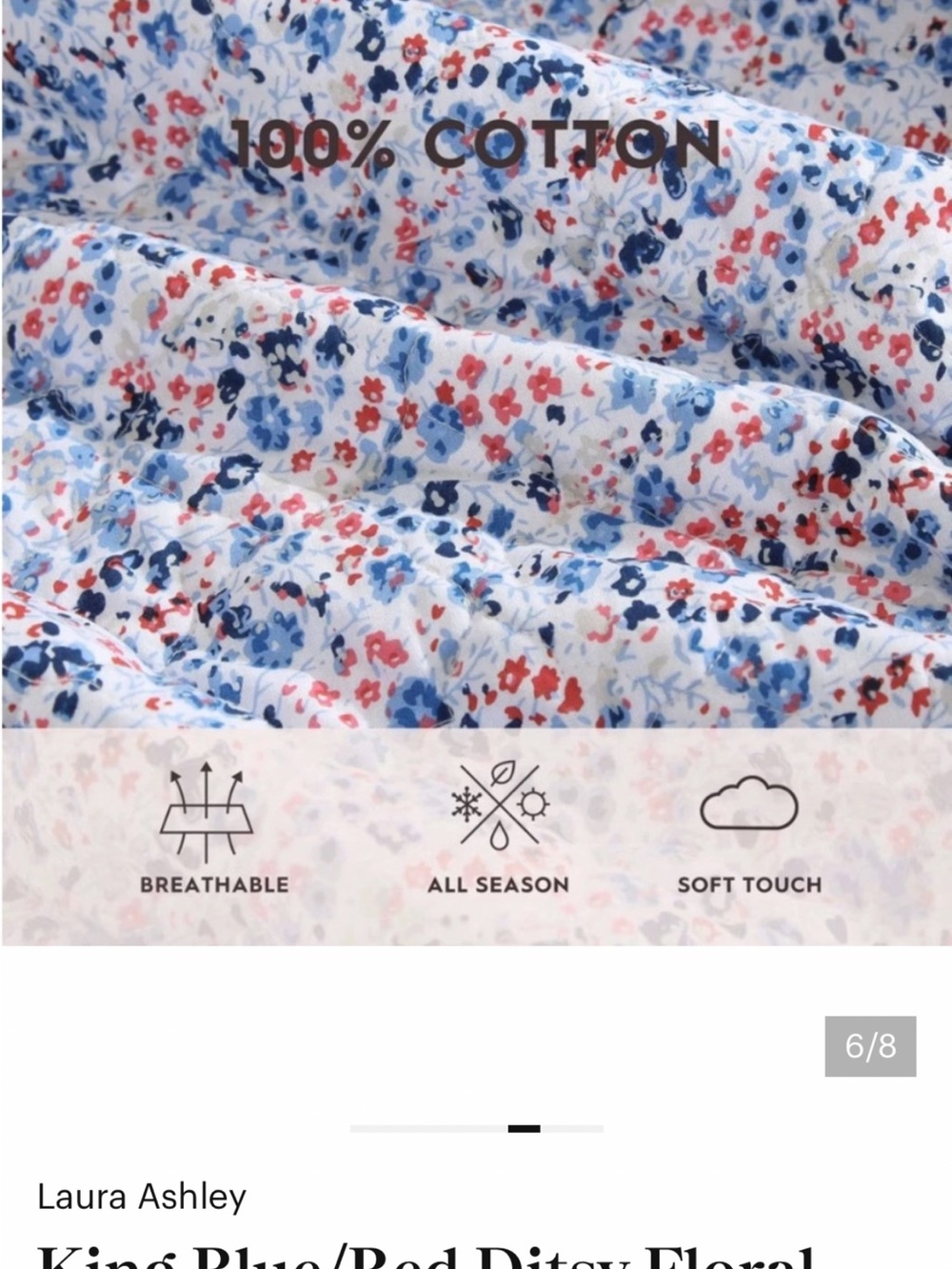 Laura Ashley F/Q Leona 3pc Quilt Set Blue/Red Floral 100% Cotton Reversible